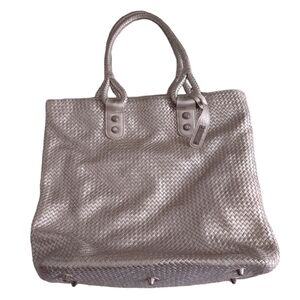 Abro Silver Leather Woven Tote Bag